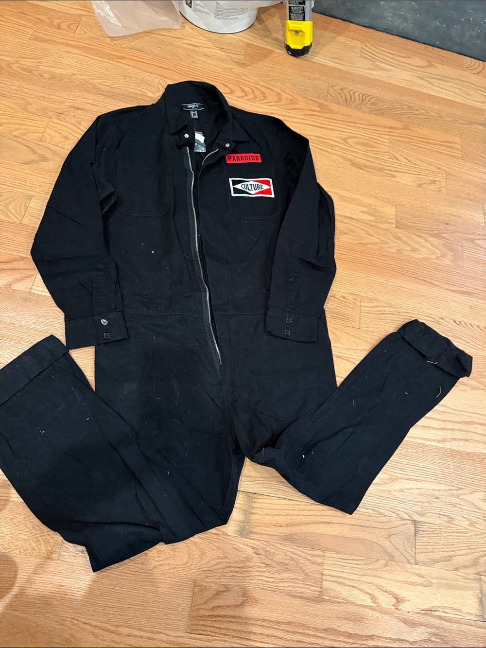 Forever 21 Black Utility Coverall with Red and White Patch Accents